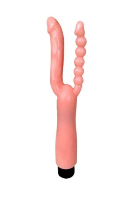 Çift Girişli Çatal Şeklinde İkili Penis Anal Plug – Çok Yönlü ve Güvenli Anal Deneyimi Titreşimli,12 cm Uzunluğunda Ten Renginde